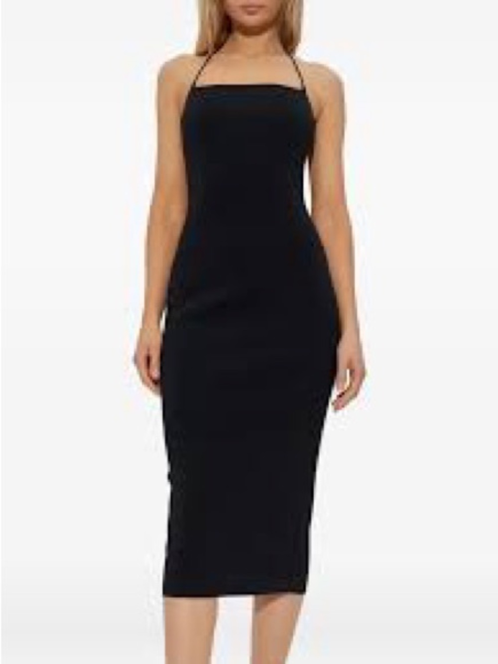 NWT Y2K Forever 21 Solid Black Halter Tie Strap Midi Bodycon Cocktail Dress